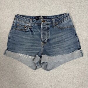 Hollister High Rise Mom Shorts Distressed Cuffed Blue Denim Size 5 w27